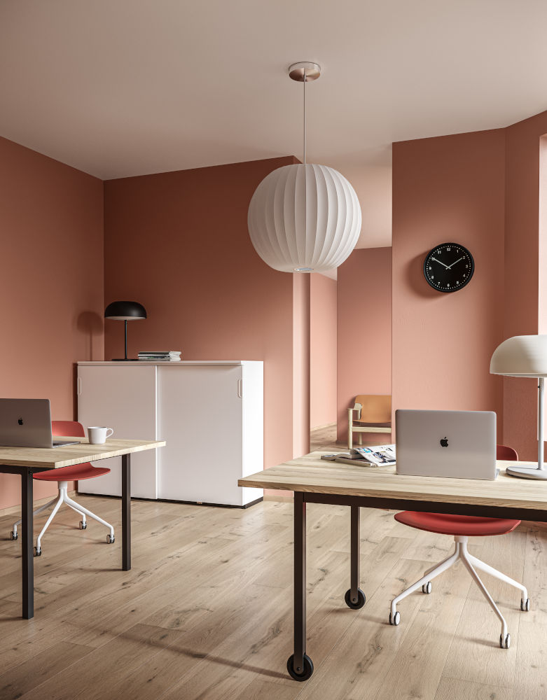 office workspace in Nordic Light with red add-on color